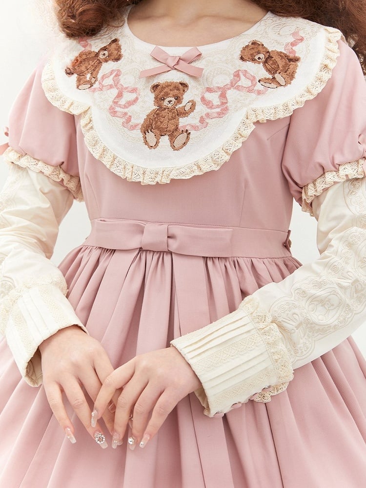 Lace Sleeves Lolita Neckline Embroidered Teddy Dresswith Bear Pink Sweet Trim Puff