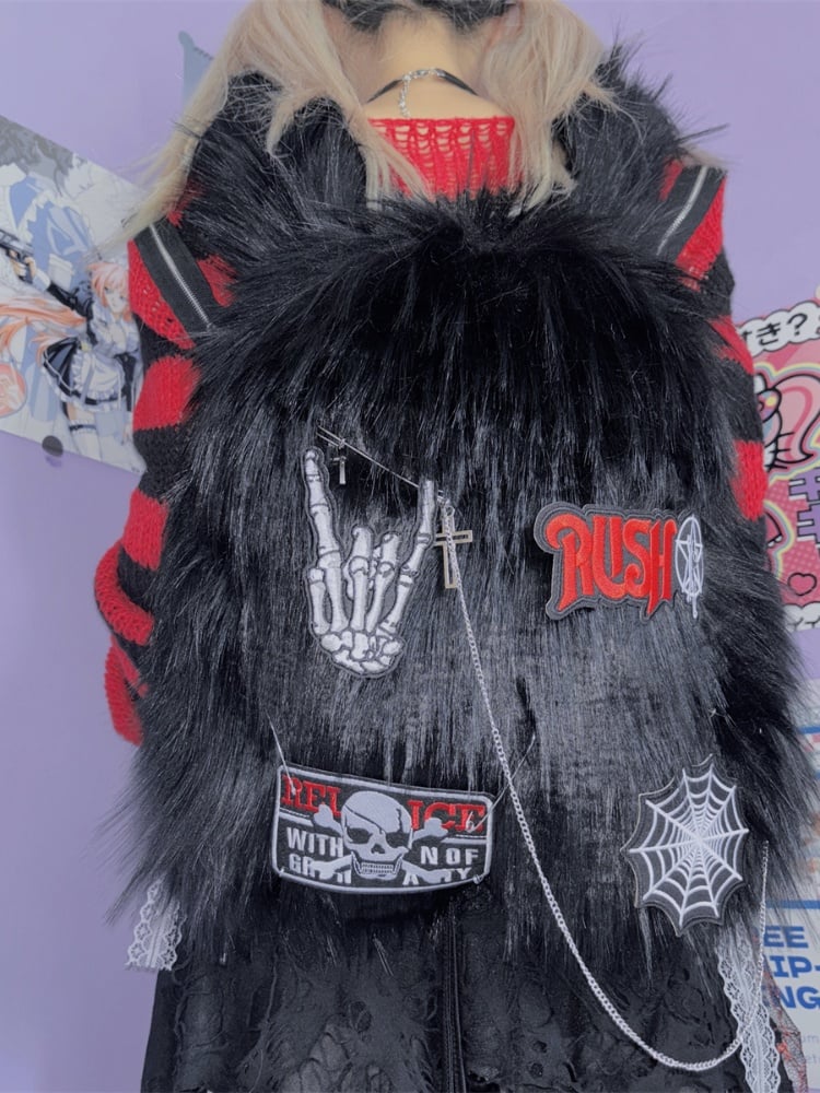 ブラックスケルトンアップリケパンクシャギーバックパック