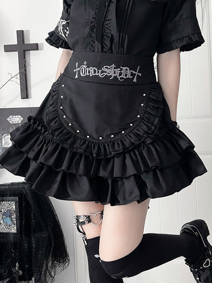 Black Studded Embroidery with Tiered Letter Skirt Waist Apron Gothic Gray Ruffle