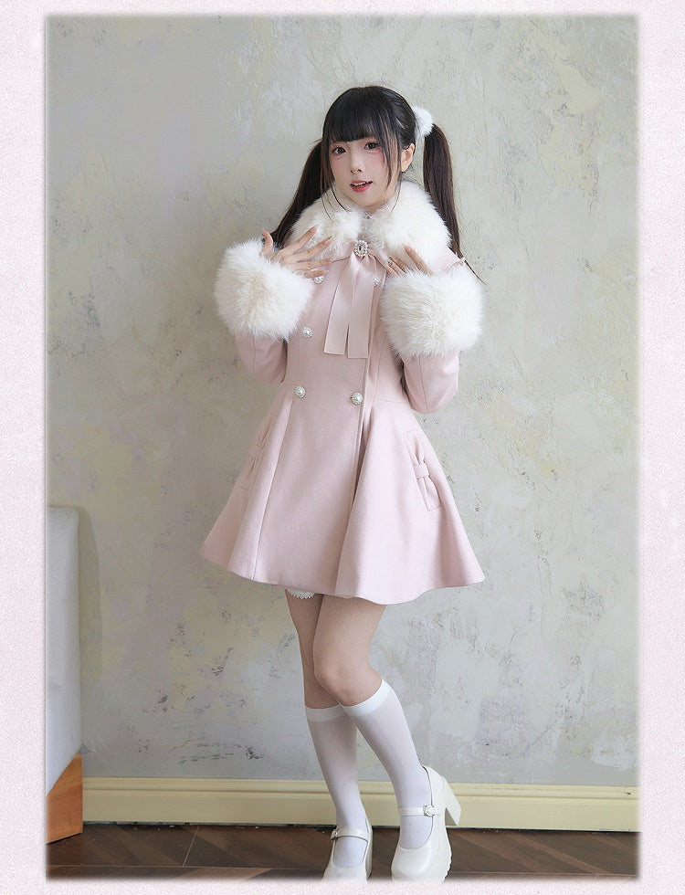 Rosa Mantel Abnehmbare Jirai Kei Große Schleife Flauschigen Kragen und Manschetten Breasted mit Strass Doppel