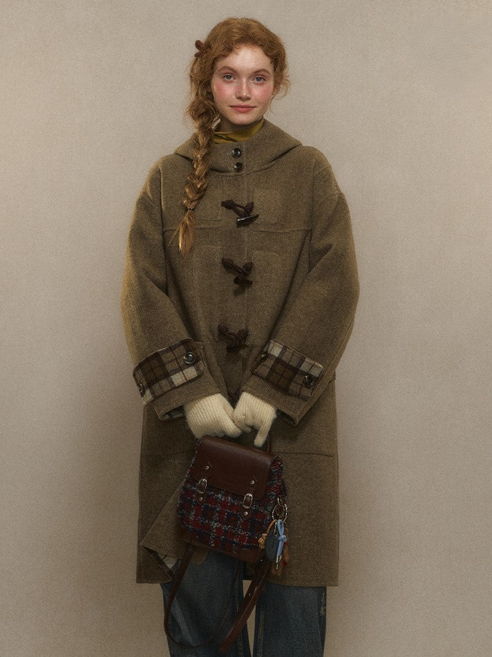 and Duffle Hood Coat with Wool Plaid Brown Lining Long