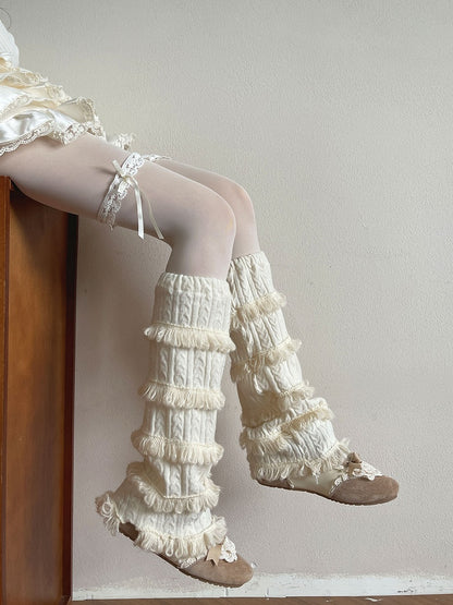 Warmers Cable Leg White Fluffy Knit Trim Ruffled Multi-layered With