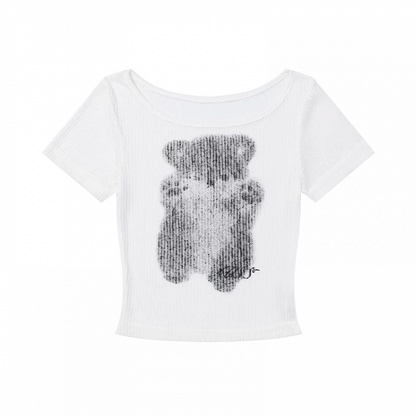 Weißes, eng anliegendes, kurzes T-Shirt mit Rundhalsausschnitt und Graffiti-Bären-Print