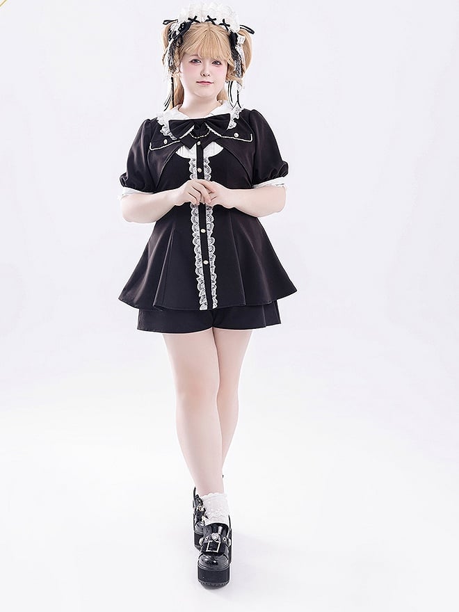 Shorts Bow Sleeve Set: Black Two-Piece Short Kei with Detachable and Jirai Faux Top Brooch