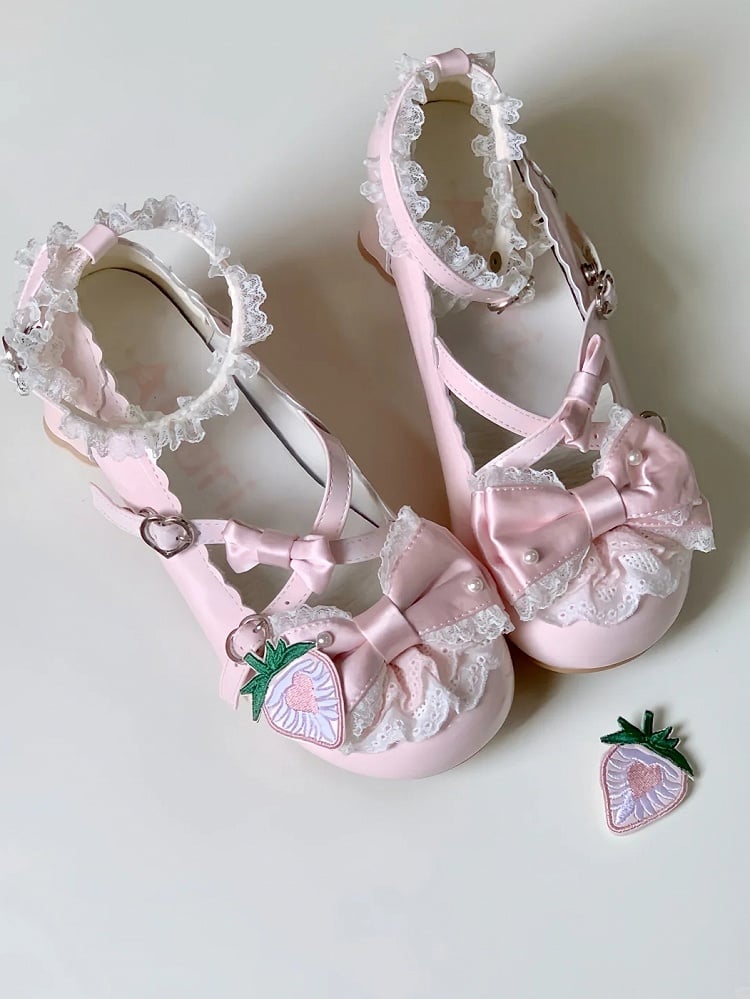 Mary - Pink with Crisscross Straps Scalloped Berry Janes Edge Sweet Decorated Detachable Bow