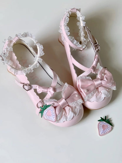 Mary - Pink with Crisscross Straps Scalloped Berry Janes Edge Sweet Decorated Detachable Bow