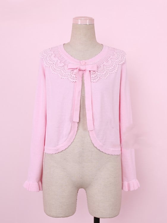 Knit Cardigan Pink Lace-Trimmed