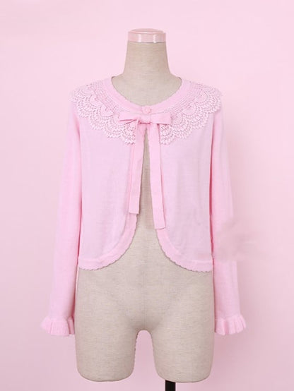 Knit Cardigan Pink Lace-Trimmed