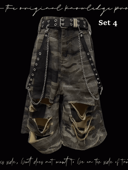 Punk Camouflage Distressed Holes Wasteland Wide-Leg Shorts