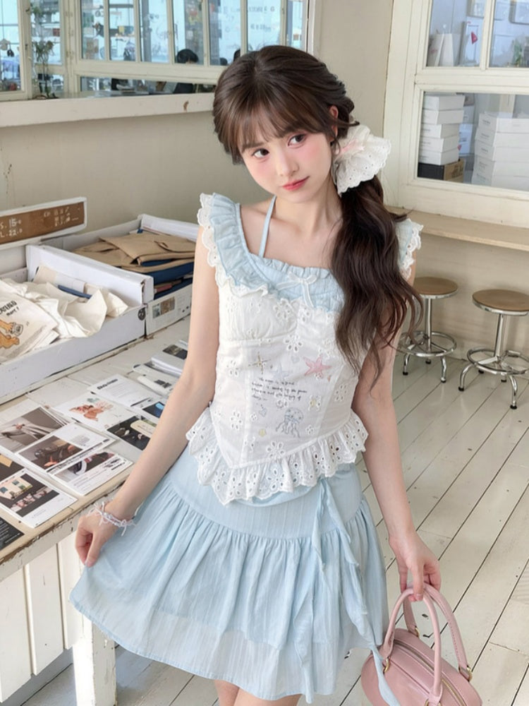 ゆめかわいいブルーのリボンディテールウエストティアードスカート