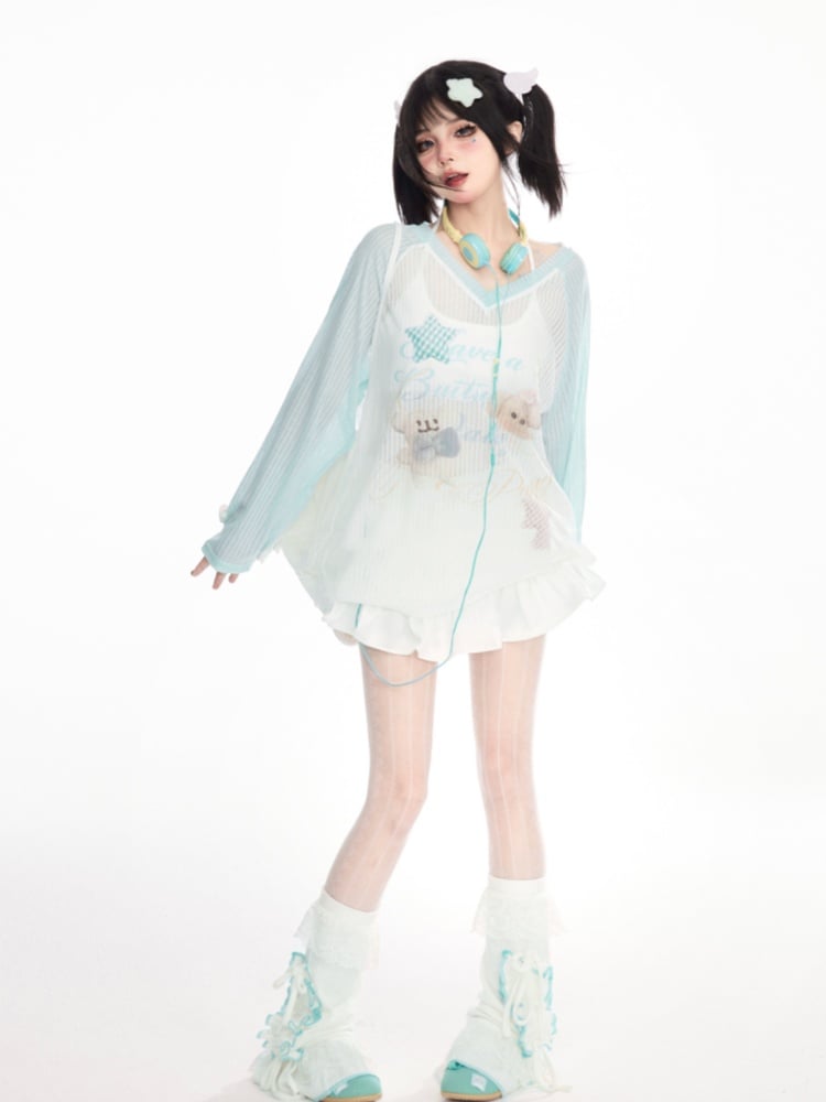 Print Blue Colorblock Bear Design V-Neck Cute Semi-Sheer Coverup