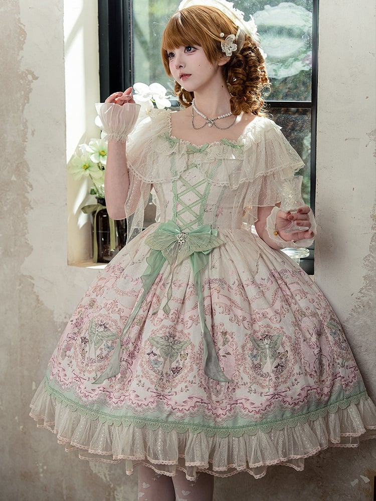 Floral Square Dress Lolita Elegant Moth Green and with Details Neckline Lace Pink Print