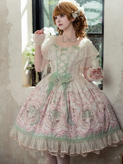 Floral Square Dress Lolita Elegant Moth Green and with Details Neckline Lace Pink Print