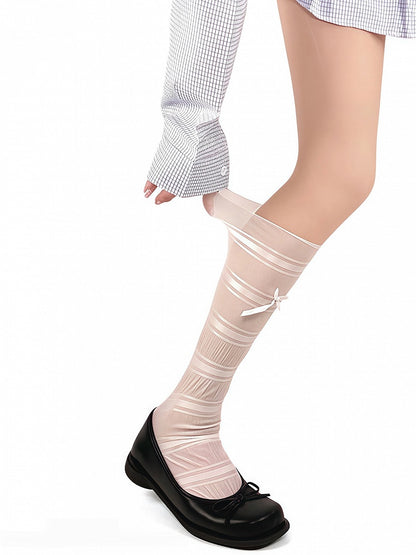 White/Beige Decorated Bowknot Ballet-Style Socks Thin Calf