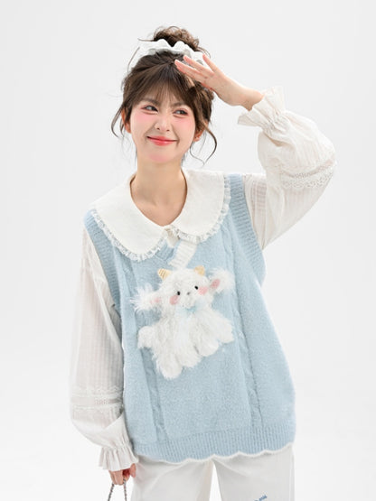 Yume Kawaii Blue Knitted Vest with Plush Lamb at Front