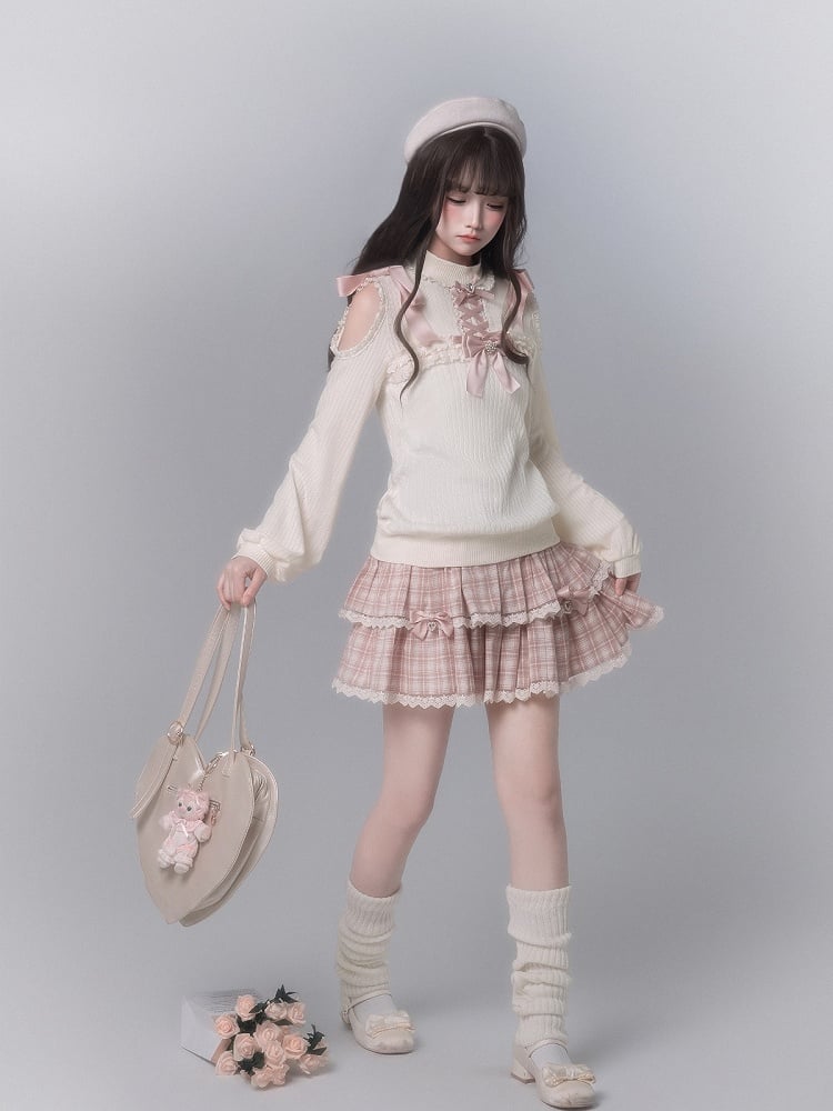White Top Decor Kei Knit Trim Ribbon Pink With Lace Shoulder Seiso Cutout