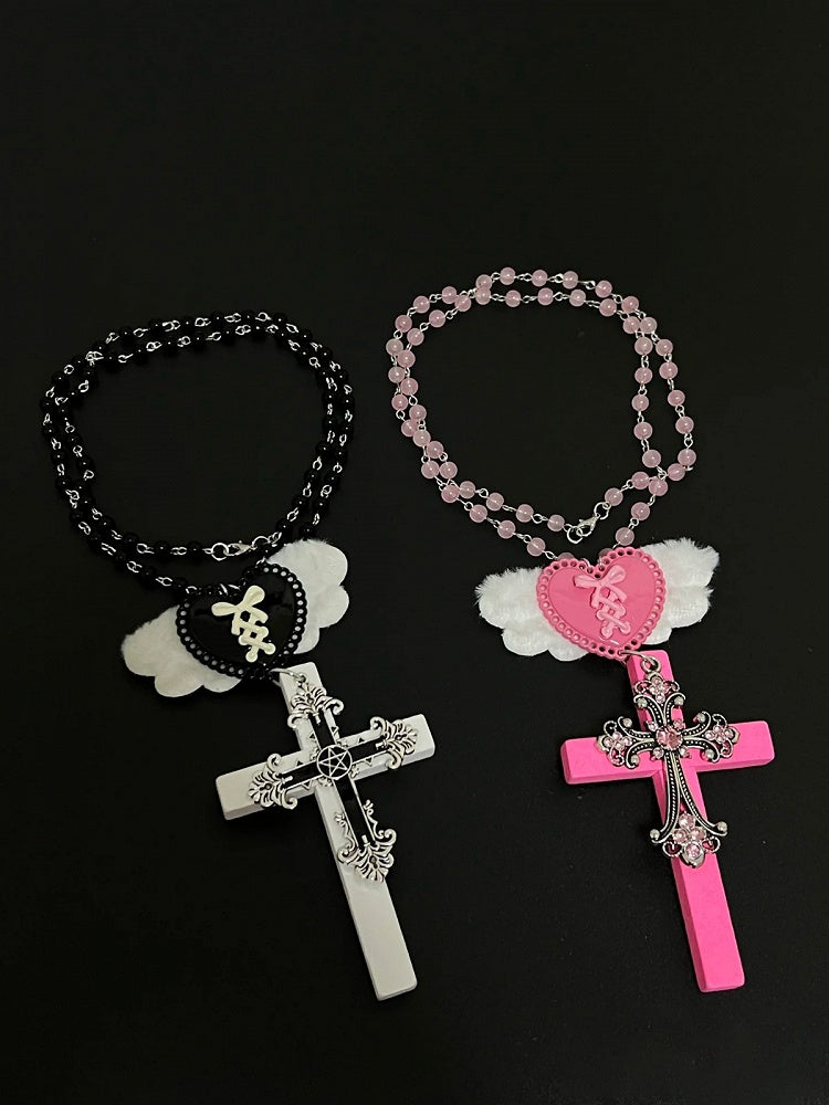 Black & White Y2K Heart Wing Cross Necklace - Kiwi Store