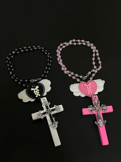 Black & White Y2K Heart Wing Cross Necklace - Kiwi Store