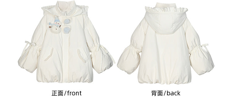 Cute Snowman Adorned White Hooded Puffer Down Jacket Bubble Silhouette