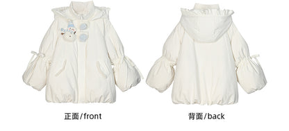 Cute Snowman Adorned White Hooded Puffer Down Jacket Bubble Silhouette