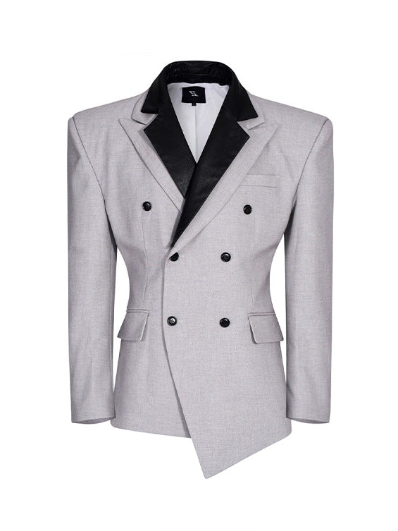 Men's Waist-defining Blazer Detachable Collar Structured Silhouette Shoulder Gray - with Leather