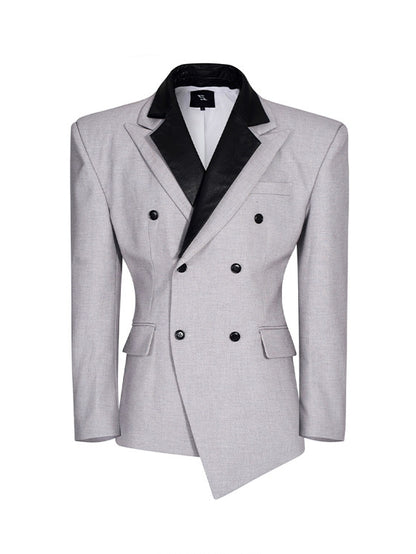 Men's Waist-defining Blazer Detachable Collar Structured Silhouette Shoulder Gray - with Leather
