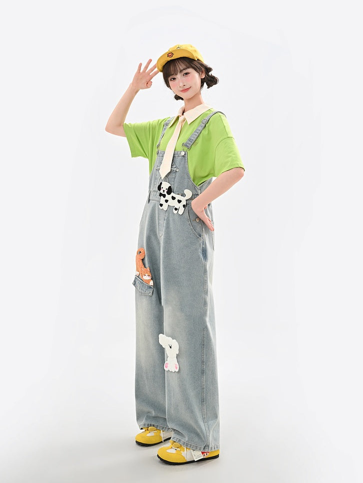 ライトブルーのハイウエストの愛らしい動物のアップリケデニムオーバーオール