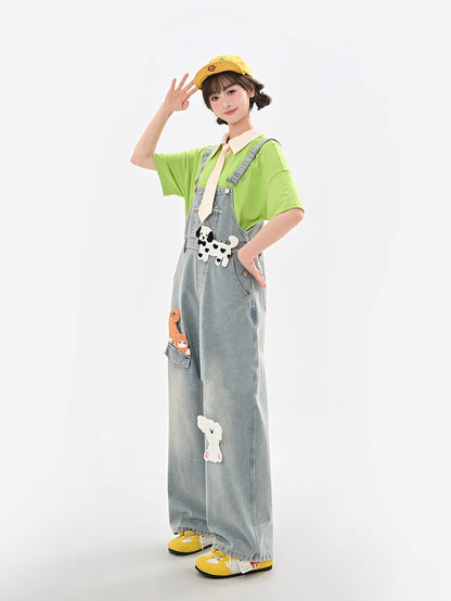 ライトブルーのハイウエストの愛らしい動物のアップリケデニムオーバーオール