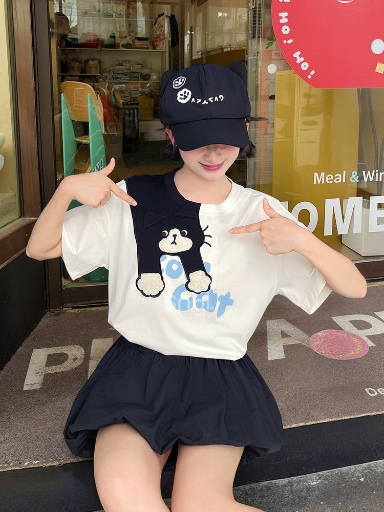 White Round Neck Cute Cat Print T-Shirt Loose
