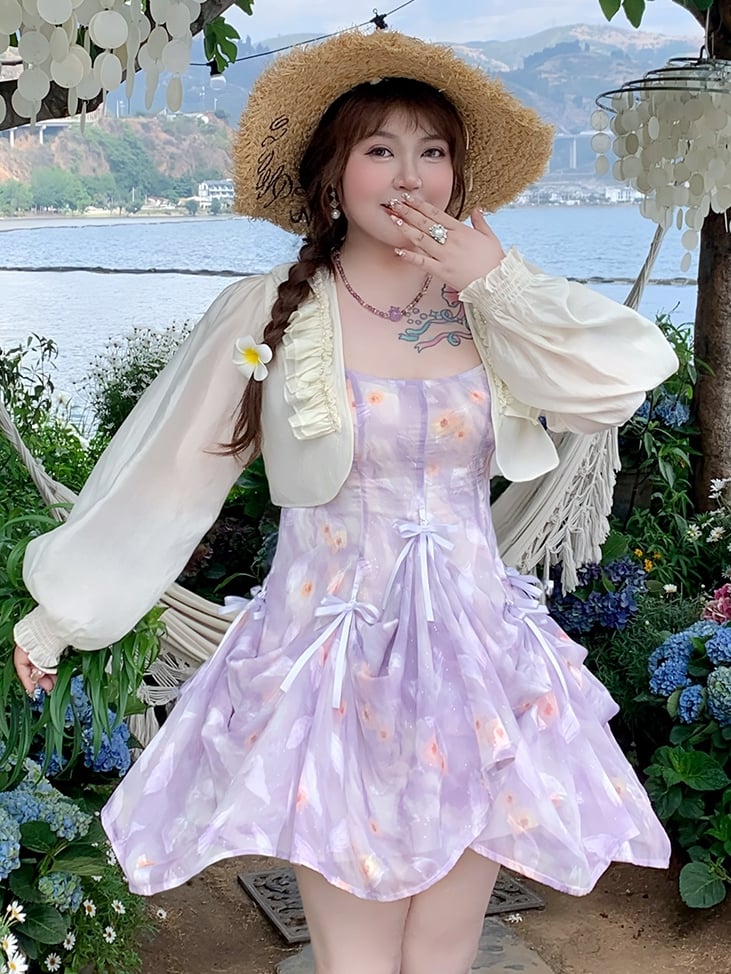 プラスサイズ アプリコット フリルトリム オープンプラケット ラインストーン装飾トップス