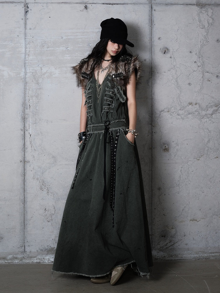Metal A-Line Straps Punk Oversized Green Dress Edges Vest Eyelet Dark with Raw