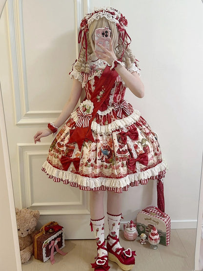 赤とイチゴのプリントドレススカートスイートロリータジャンパーバニー