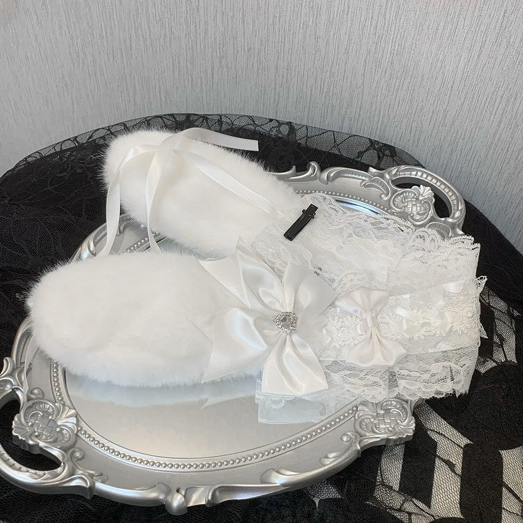 Details Rhinestone Ear Bunny Decorated Bowknot Hairband Plush Ruffled Heart Black/White