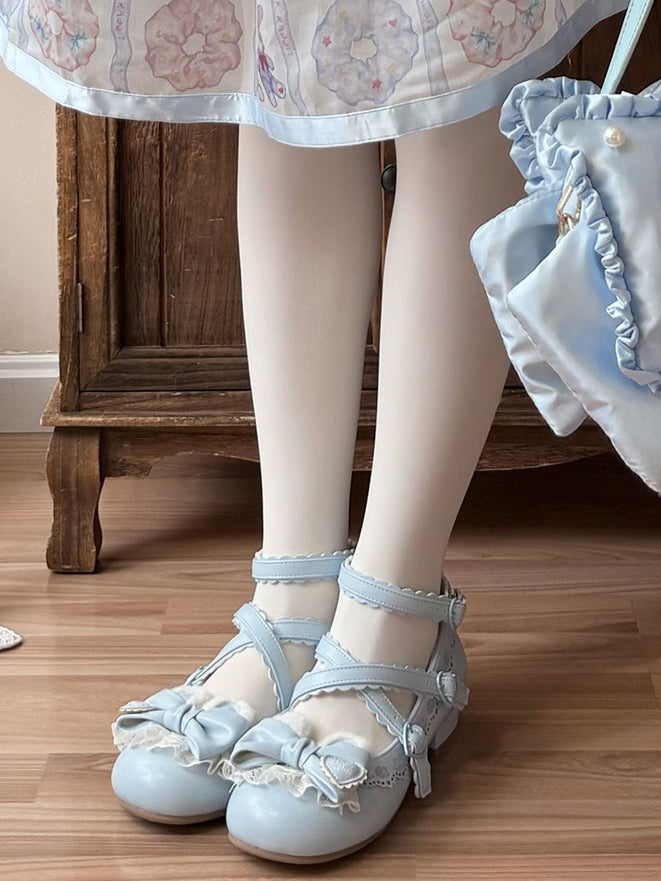Plush Mary Bow Bear Hem Ear Blue PU Janes Decorative Low-heel Lolita in Scalloped Sweet