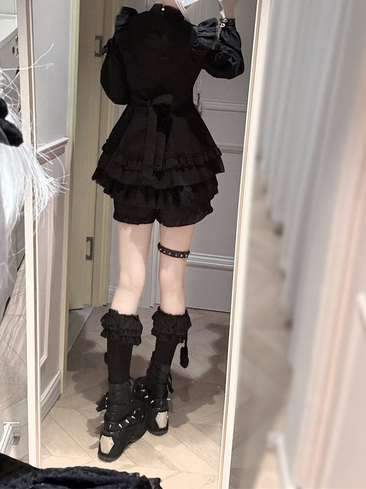 Gingham Black Jirai Kei Lace Patch Dress Shorts Bow Tie Set - Jiuniang Cherry