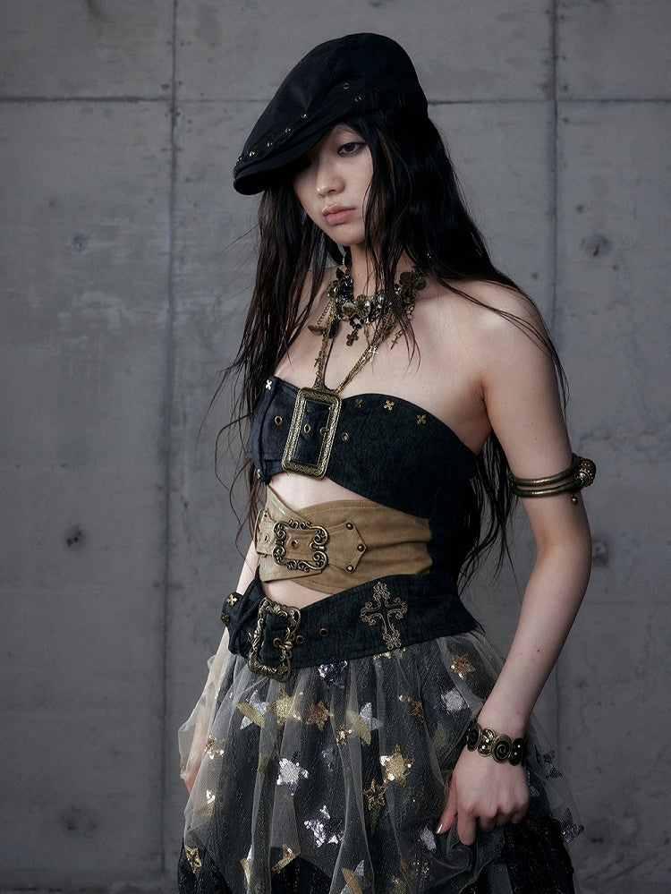 Punk Rococo Yellow Three-Strap Cross Metal Buckles with Black Embroidery Bustier