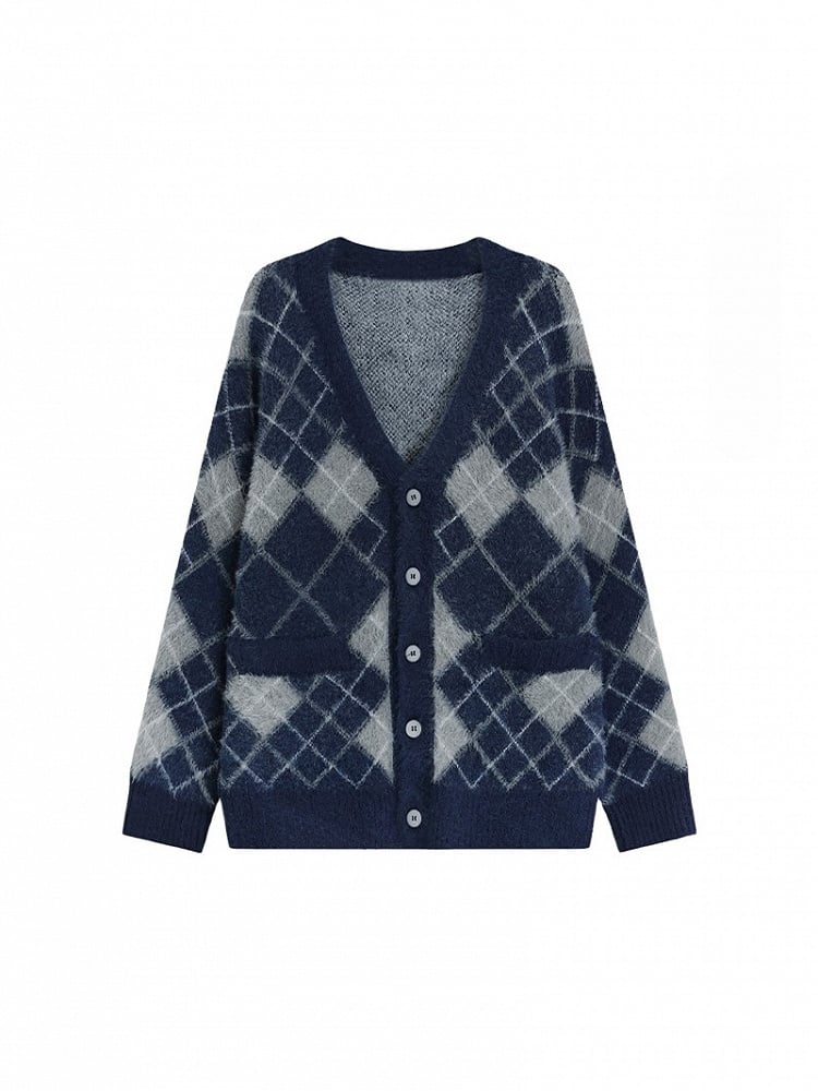 Fall Brushed Diamond Cardigan Version Blue V-Neck Mink Knit Pattern Retro /Faux