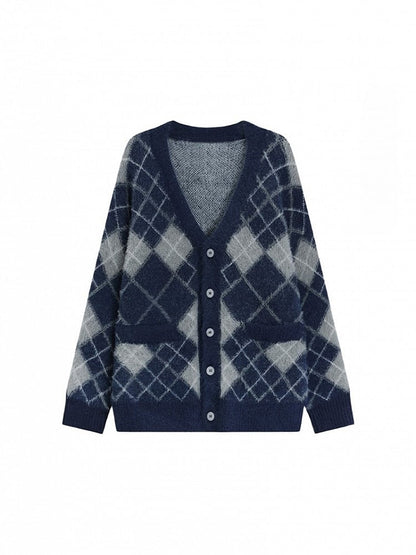 Fall Brushed Diamond Cardigan Version Blue V-Neck Mink Knit Pattern Retro /Faux