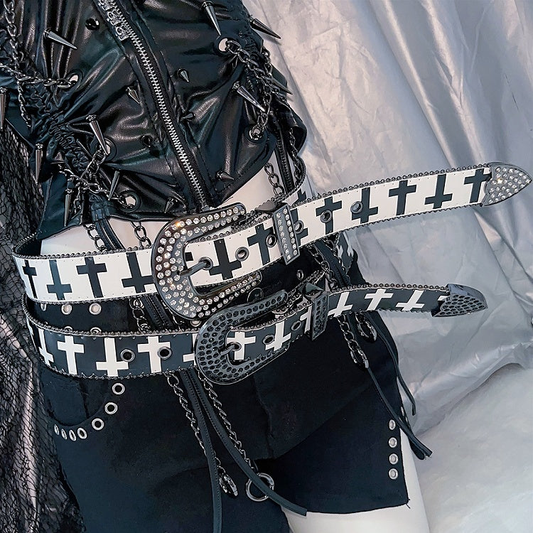 Rhinestone Decorated Beaded And Punk White/Black Print Cross