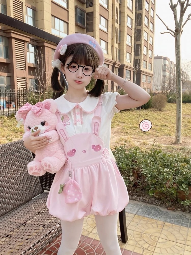Adorable Bunny Design Pink Overalls Bubble Shorts