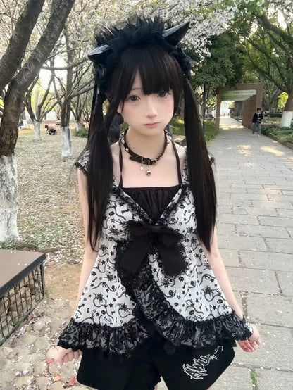 White with - Accents Bow Trim Two-piece Black Short Top Sleeve Lace