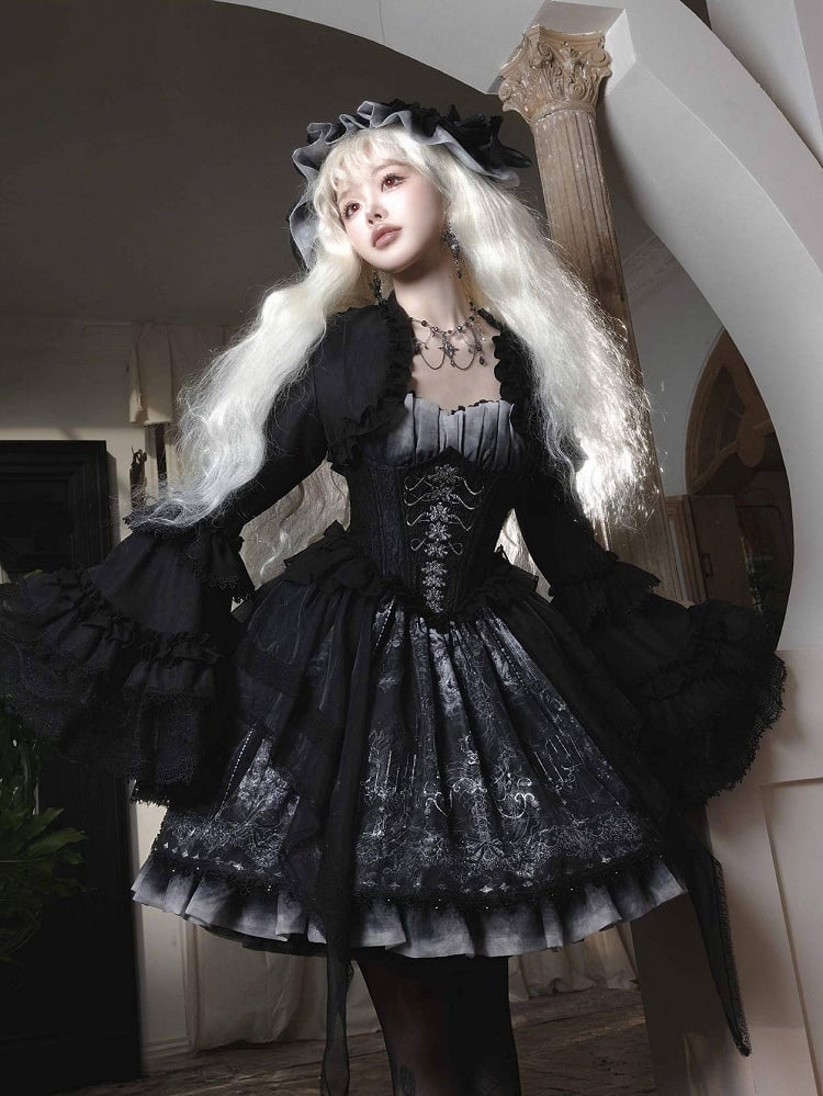Print Butterfly Corset Spaghetti Ribs Straps Lolita Gothic Dress JSK and
