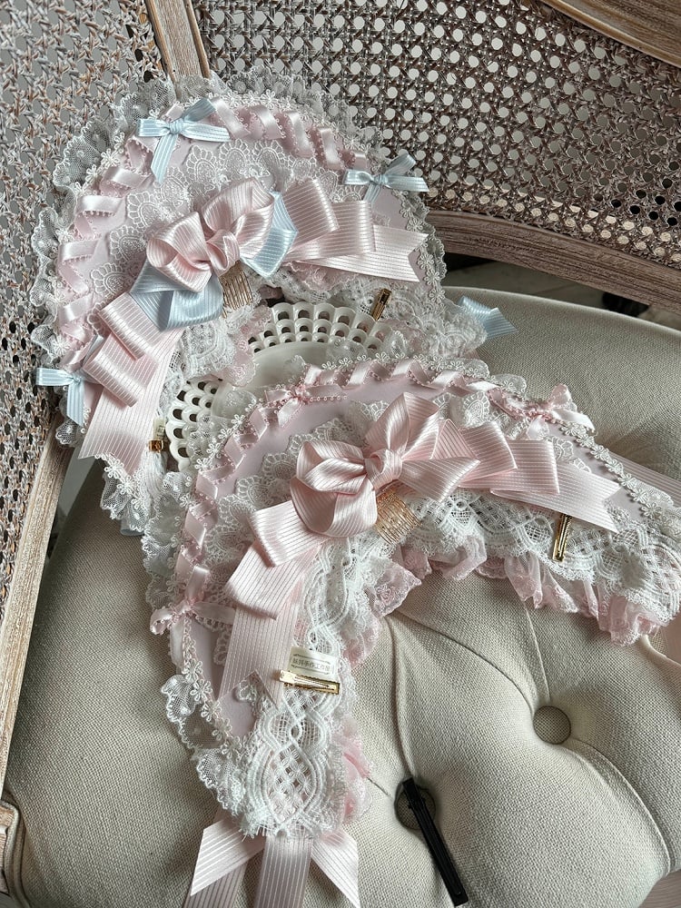 Bonnet Pink/Pink with Lace-Trimmed Striped Blue Bowknots