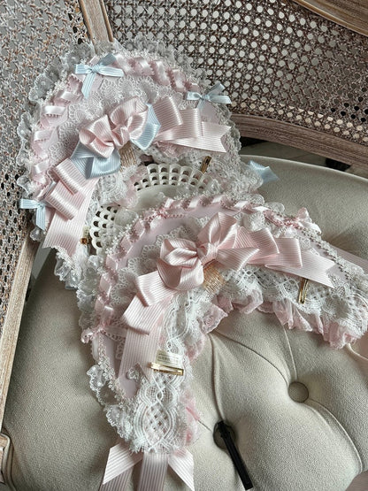 Bonnet Pink/Pink with Lace-Trimmed Striped Blue Bowknots