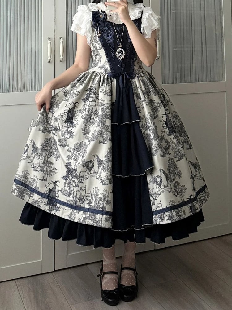 Bodice Forest Elegant Dress and Dark Corset Animals Lolita with Print Blue