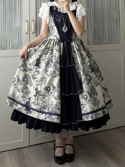 Bodice Forest Elegant Dress and Dark Corset Animals Lolita with Print Blue