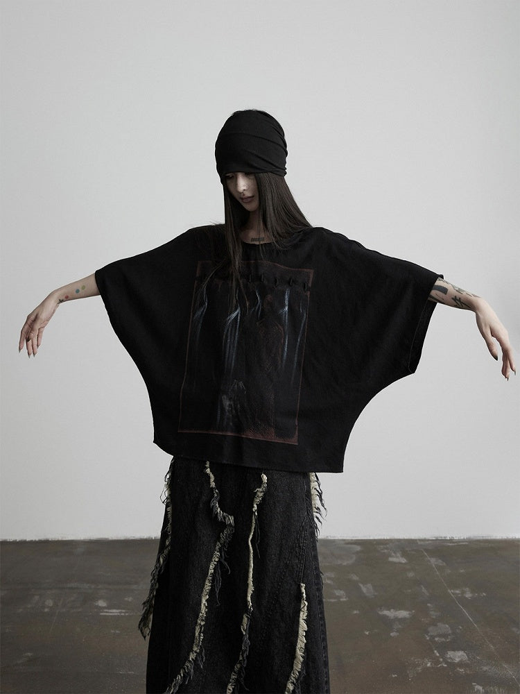 Batwing Black Tee with Gothic Prints - INDULGE