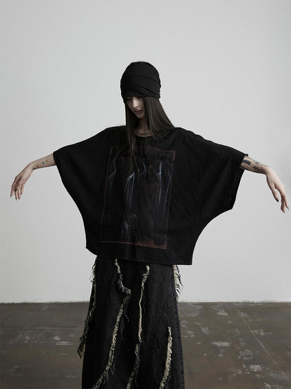 Batwing Black Tee with Gothic Prints - INDULGE