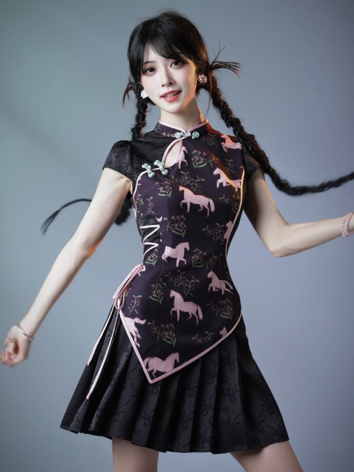 Sweet Cheongsam Dress with Horse Pattern & Pleated Skirt - sijinstudio