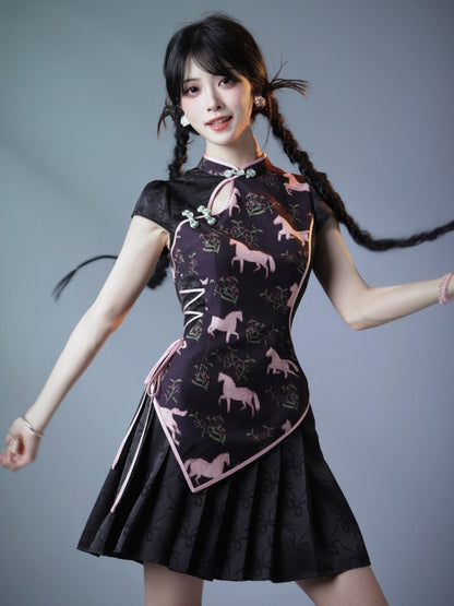 Sweet Cheongsam Dress with Horse Pattern & Pleated Skirt - sijinstudio